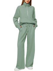 Woman Solid Color Half Zip Long Sleeve Sweatshirt And Wide Leg Pants Set Casual Sporty Two Piece Outfit Women's Suit