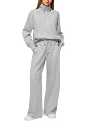 Woman Solid Color Half Zip Long Sleeve Sweatshirt And Wide Leg Pants Set Casual Sporty Two Piece Outfit Women's Suit