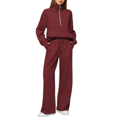 Woman Solid Color Half Zip Long Sleeve Sweatshirt And Wide Leg Pants Set Casual Sporty Two Piece Outfit Women's Suit