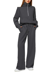 Woman Solid Color Half Zip Long Sleeve Sweatshirt And Wide Leg Pants Set Casual Sporty Two Piece Outfit Women's Suit