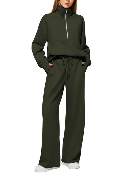 Woman Solid Color Half Zip Long Sleeve Sweatshirt And Wide Leg Pants Set Casual Sporty Two Piece Outfit Women's Suit