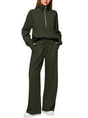 Woman Solid Color Half Zip Long Sleeve Sweatshirt And Wide Leg Pants Set Casual Sporty Two Piece Outfit Women's Suit